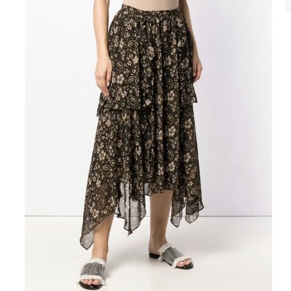 Ulla Johnson Black Paisley & Floral Print Silk Chiffon Midi Ruffled Skirt sz 4 - Picture 1 of 8